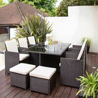 10 Seat Rattan Cube Outdoor Dining Set with LED Premium Parasol and Parasol Rain Cover - Mixed Brown Weave - Grey