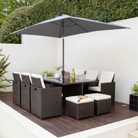 10 Seater Rattan Cube Garden Dining Set with Parasol - Mixed Brown Weave - Grey