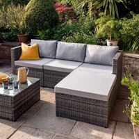 4 Seater Rattan Corner Sofa Set with LED Cantilever Parasol and Base - Grey Weave - Grey