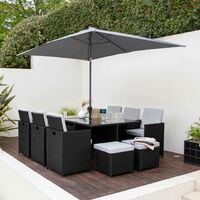 10 Seater Rattan Cube Garden Dining Set with Parasol - Black Weave - Grey
