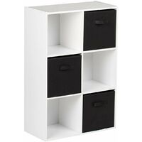 6 Cube White Bookcase Wooden Display Unit Shelving Storage Bookshelf Shelves (Black Basket) - white