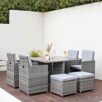 8 Seat Rattan Cube Outdoor Dining Set with LED Premium Parasol and Parasol Rain Cover - Grey Weave - Grey