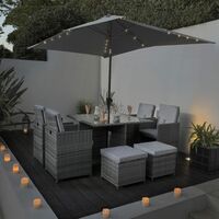 8 Seat Rattan Cube Outdoor Dining Set with LED Premium Parasol and Parasol Rain Cover - Grey Weave - Grey