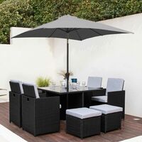 8 Seater Rattan Cube Outdoor Dining Set with Parasol - Black Weave - Grey