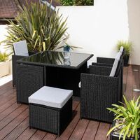 8 Seater Rattan Cube Outdoor Dining Set with Parasol - Black Weave - Grey