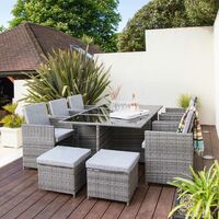 10 Seater Rattan Cube Outdoor Dining Set with Parasol - Grey Weave - Grey