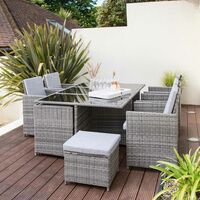 10 Seater Rattan Cube Outdoor Dining Set with Parasol - Grey Weave - Grey