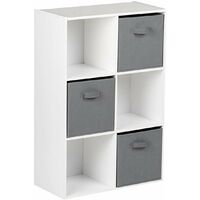 6 Cube White Bookcase Wooden Display Unit Shelving Storage Bookshelf Shelves (Grey Basket) - white