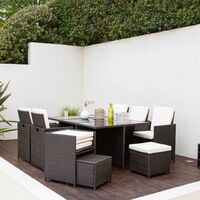 10 Seater Rattan Cube Outdoor Dining Set with Parasol - Mixed Brown Weave - Brown
