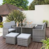 8 Seater Rattan Cube Outdoor Dining Set with Parasol - Grey Weave - Grey
