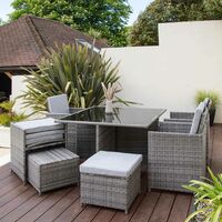 8 Seater Rattan Cube Outdoor Dining Set with Parasol - Grey Weave - Grey