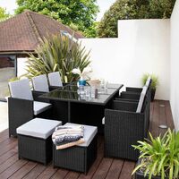 10 Seater Rattan Cube Outdoor Dining Set with Parasol - Black Weave - Black