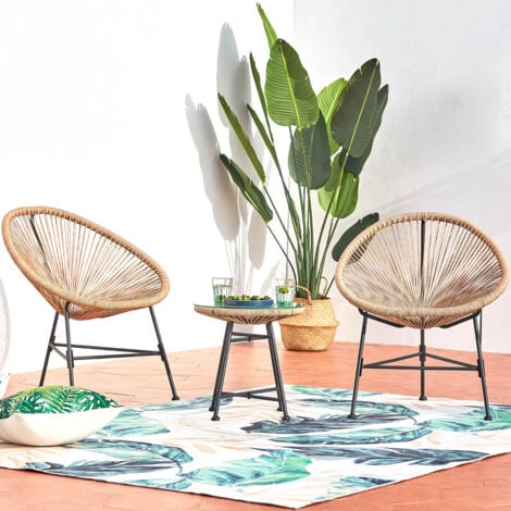 Salon de jardin 2 fauteuils ronds et table basse naturel ACAPULCO