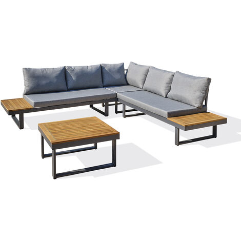 Dcb Garden – Salon de jardin 5 places en bois d'acacia et aluminium – Table carrée avec tablettes latérales – Coussins déhoussables inclus (1/10)