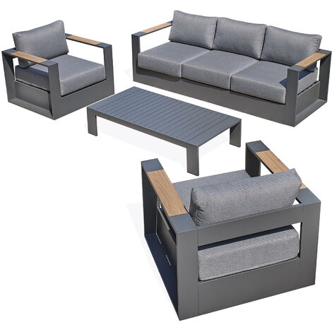 Salon de jardin 5 places en aluminium – Accoudoirs en HPL – Ensemble table basse, canapé 3 places et 2 fauteuils – Coussins déhoussables – Parisgarden