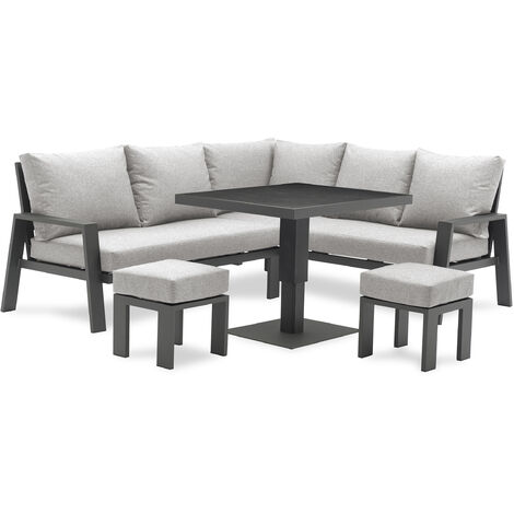 Ensemble repas de jardin 7 places aluminium – Table ajustable avec plateau céramique sur verre – 2 poufs et coussins déhoussables – Parisgarden (1/8)