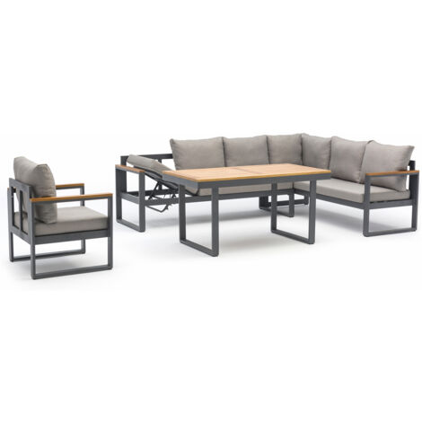 Dcb Garden – Ensemble repas de jardin 7 places en aluminium anthracite – Table L 140 x l 70 x H 68 cm – Coussins déhoussables en polyester