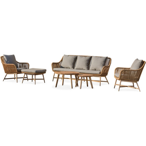 Dcb Garden – Salon de jardin bas 5 places aluminium aspect bois et teck – Corde tissée – Repose-pieds modulable – 2 tables basses et 4 coussins (1/5)
