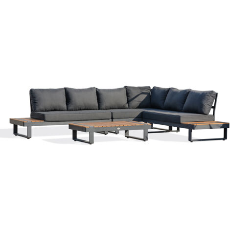 Dcb Garden – Salon de jardin d'angle 6 places en teck et aluminium gris anthracite – Table basse L 119 x l 65 x H 28,5 cm – Méridiennes L 166 x l 72 x H 78 cm (1/5)