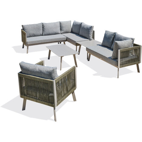 MANOSQUE - Salon de jardin d'angle 7 places en aluminium et corde - PARIS GARDEN (1/5)
