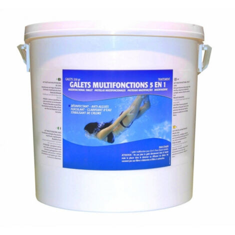 Multifunzione in Pastiglie da 250 Gr - 5 Azioni - Flocculante + Antialghe + Cloro + Chiarificante da Kg. 5 - Prodotto Chimico per Piscina - Alta Qualità Francese