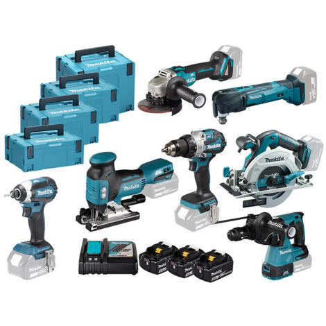 Makita – Pack de 7 outils électroportatifs 18V LXT – 3 batteries 5.0Ah – Visseuse-perceuse, meuleuse, scie circulaire, outil multifonction – Makpac - DLX7030T3J