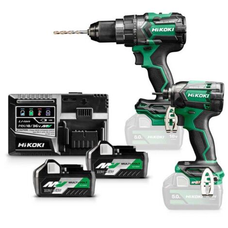Hikoki – Pack de 2 outils électroportatifs – Perceuse à percussion 18V + visseuse à chocs 18V – 2 batteries 18V 5.0Ah – Chargeur BSL36A18 – Coffret HSCIII – KC18DCWBZ