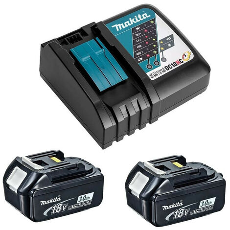 Makita – Pack de 2 batteries 18V Li-Ion 3,0Ah avec chargeur rapide – Autonomie prolongée – Indicateur de charge – Y00197