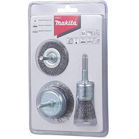 Makita – Set de brosses rondes 3 pièces D66070 – Acier 0,3 mm – Brosse à pinceau 25 mm, brosse à dents 50 mm, brosse ronde 50 mm