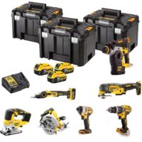 Dewalt – Pack de 7 outils électroportatifs 18V avec 3 batteries 5,0 Ah – Moteur Brushless – Coffrets T-STAK pour rangement optimisé