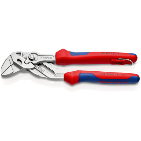 KNIPEX 86 05 180 T Zangenschlüssel Zange und Schraubenschlüssel in einem Werkzeug mit Mehrkomponenten-Hüllen, mit integrierter Befestigungsöse zum Anbringen einer Absturzsicherung verchromt 180 mm