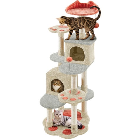 Yaheetech Kratzbaum Pfotenform Katzenbaum Höhe 165 cm, 5-stufiger Katzenkratzbaum mit Katzenhöhlen Aussichtsplattform Kratzstämme Plüschball, Beige
