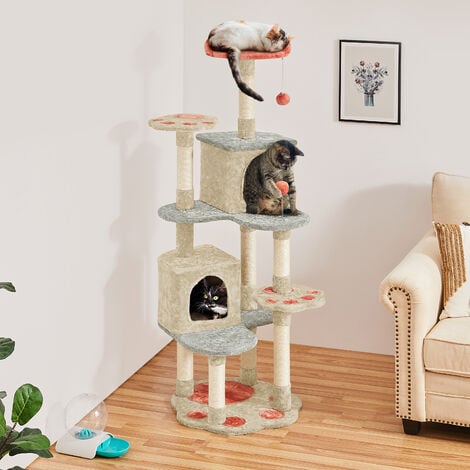 Yaheetech Kratzbaum Pfotenform Katzenbaum Höhe 165 cm, 5-stufiger Katzenkratzbaum mit Katzenhöhlen Aussichtsplattform Kratzstämme Plüschball, Beige