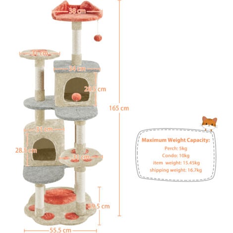 Yaheetech Kratzbaum Pfotenform Katzenbaum Höhe 165 cm, 5-stufiger Katzenkratzbaum mit Katzenhöhlen Aussichtsplattform Kratzstämme Plüschball, Beige