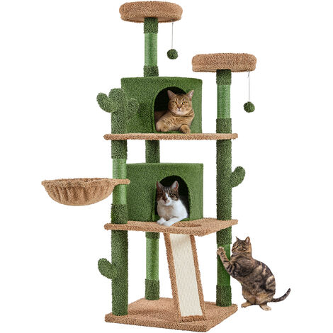 Yaheetech Kaktus Kratzbaum 166 cm hoch, Stabiler Katzenbaum Katzenkratzbaum mit 5 Sisalstämme 2 Aussichtsplattform 2 Katzenhöhle Kratzbrett Korb, Grün/Braun