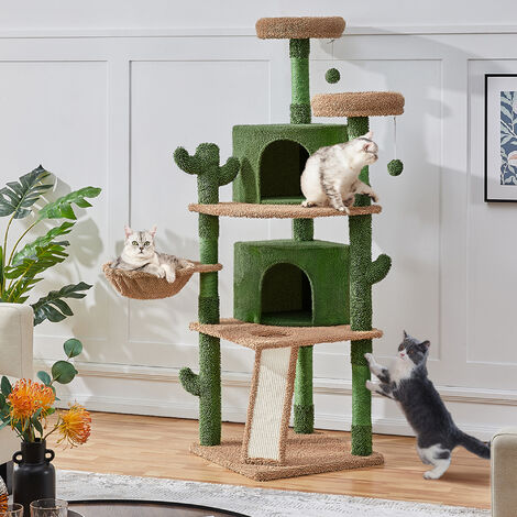 Yaheetech Kaktus Kratzbaum 166 cm hoch, Stabiler Katzenbaum Katzenkratzbaum mit 5 Sisalstämme 2 Aussichtsplattform 2 Katzenhöhle Kratzbrett Korb, Grün/Braun