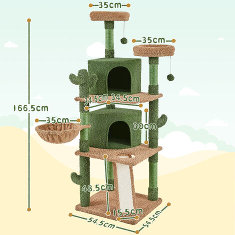 Yaheetech Kaktus Kratzbaum 166 cm hoch, Stabiler Katzenbaum Katzenkratzbaum mit 5 Sisalstämme 2 Aussichtsplattform 2 Katzenhöhle Kratzbrett Korb, Grün/Braun