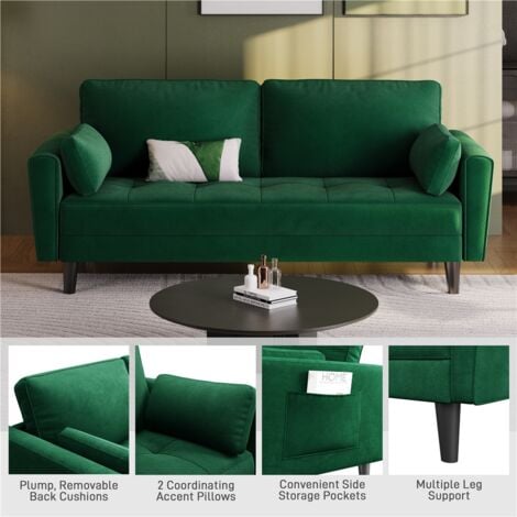 Yaheetech 2 Sitzer Sofa, Loveseat, Sofa mit 2 Kissen und Armlehnen, Moderne Couch Sofa aus Samtstoff, 2er Couch Loungesofa, Bequemes Sofa für Wohnzimmer, Schlafzimmer, Grün