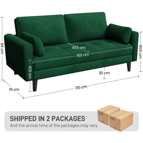 Yaheetech 2 Sitzer Sofa, Loveseat, Sofa mit 2 Kissen und Armlehnen, Moderne Couch Sofa aus Samtstoff, 2er Couch Loungesofa, Bequemes Sofa für Wohnzimmer, Schlafzimmer, Grün