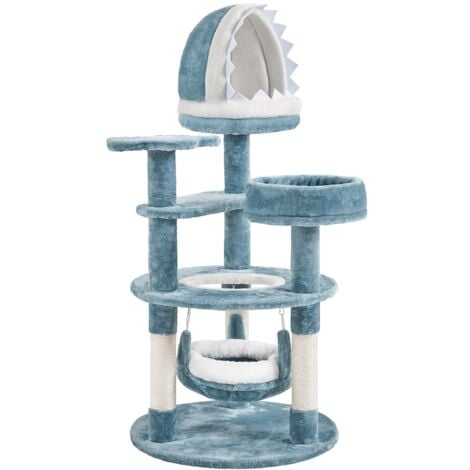 Yaheetech Meer Katze Kratzbaum große moderne Ozean Design Kratzbaum mit Hai Maul Plattform Hängematte Sisal Seil 115 cm hoch blau / weiß