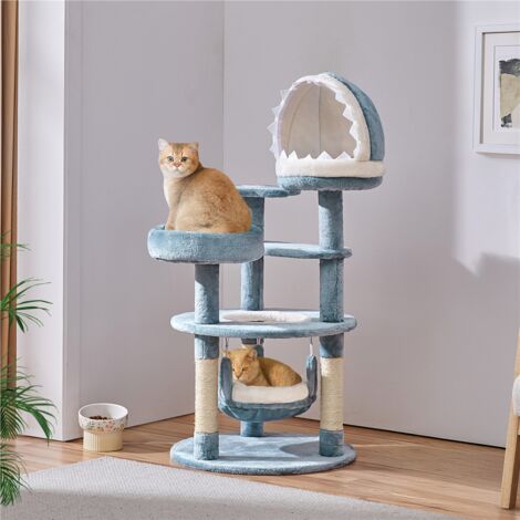 Yaheetech Meer Katze Kratzbaum große moderne Ozean Design Kratzbaum mit Hai Maul Plattform Hängematte Sisal Seil 115 cm hoch blau / weiß
