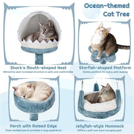 Yaheetech Meer Katze Kratzbaum große moderne Ozean Design Kratzbaum mit Hai Maul Plattform Hängematte Sisal Seil 115 cm hoch blau / weiß
