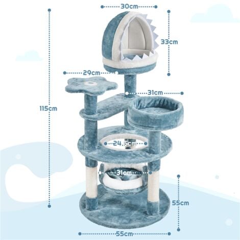 Yaheetech Meer Katze Kratzbaum große moderne Ozean Design Kratzbaum mit Hai Maul Plattform Hängematte Sisal Seil 115 cm hoch blau / weiß
