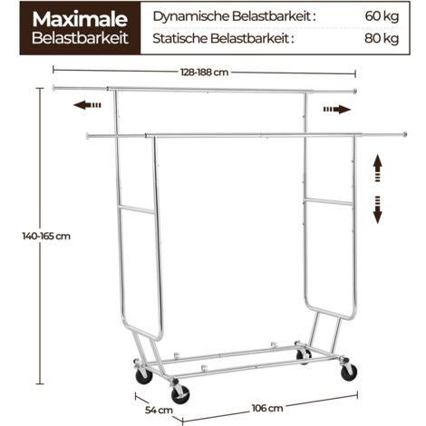 Yaheetech Kleiderständer Garderobenständer 2 Kleiderstange mit Rollen Zusammenklappbar Wäschenständer bis 130 kg