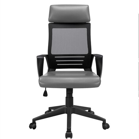 Yaheetech Bürostuhl Schreibtischstuhl Drehstuhl mit Kopfstütze  Kunstleder Computerstuhl Bürodrehstuhl mit hoher Rückenlehne Mesh Netzbezug, Grau
