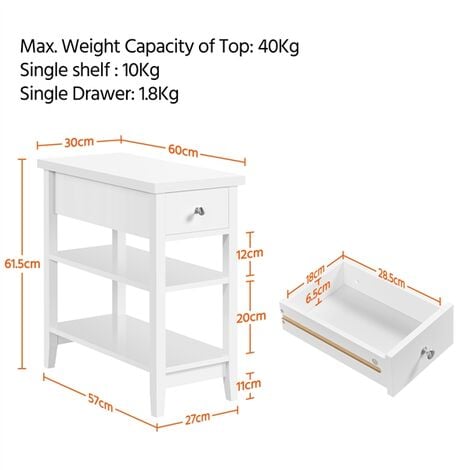 Yaheetech Nachttisch, Nachtschrank, Beistelltisch aus MDF, 3 Ebenen Nachtkommode mit 2 Ablage und Schublade, moderner Couchtisch Telefontisch Flurtisch fürs Wohnzimmer und Schlafzimmer, Weiß