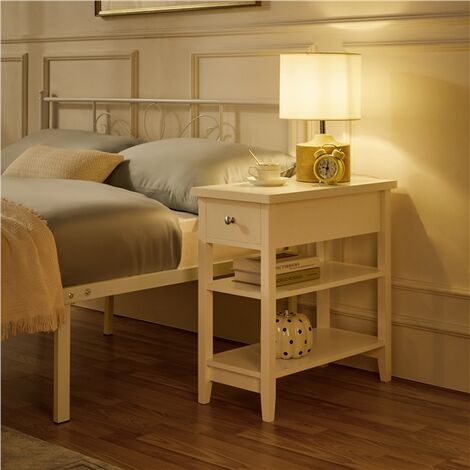 Yaheetech Nachttisch, Nachtschrank, Beistelltisch aus MDF, 3 Ebenen Nachtkommode mit 2 Ablage und Schublade, moderner Couchtisch Telefontisch Flurtisch fürs Wohnzimmer und Schlafzimmer, Weiß