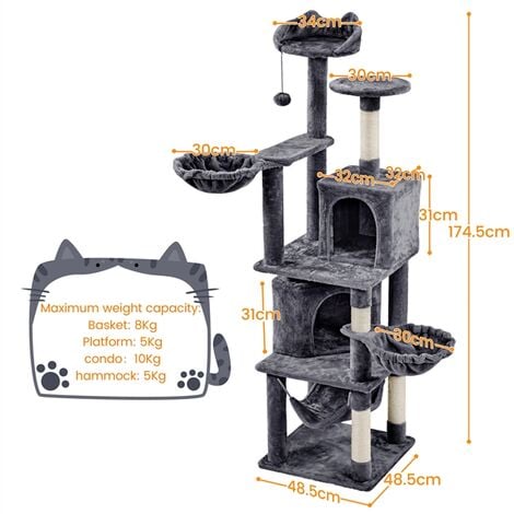 Yaheetech XXL Katzenkratzbaum 175 cm deckenhoch kratzbaum für große Katzen, Stabil Kletterbaum mit Sisal-Kratzsäulen Plattformen Korb Hängematte Plüschball, Dunkelgrau
