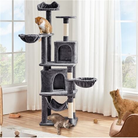 Yaheetech XXL Katzenkratzbaum 175 cm deckenhoch kratzbaum für große Katzen, Stabil Kletterbaum mit Sisal-Kratzsäulen Plattformen Korb Hängematte Plüschball, Dunkelgrau