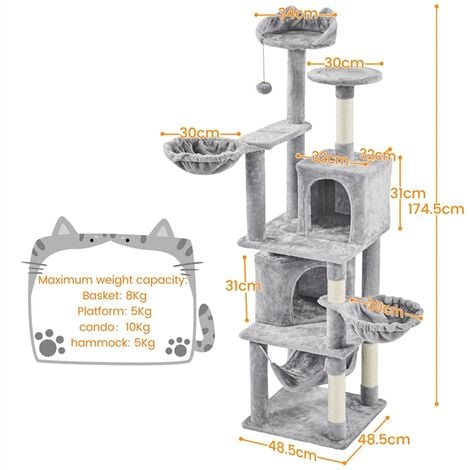 Yaheetech XXL Katzenkratzbaum 175 cm deckenhoch kratzbaum für große Katzen, Stabil Kletterbaum mit Sisal-Kratzsäulen Plattformen Korb Hängematte Plüschball, Hellgrau